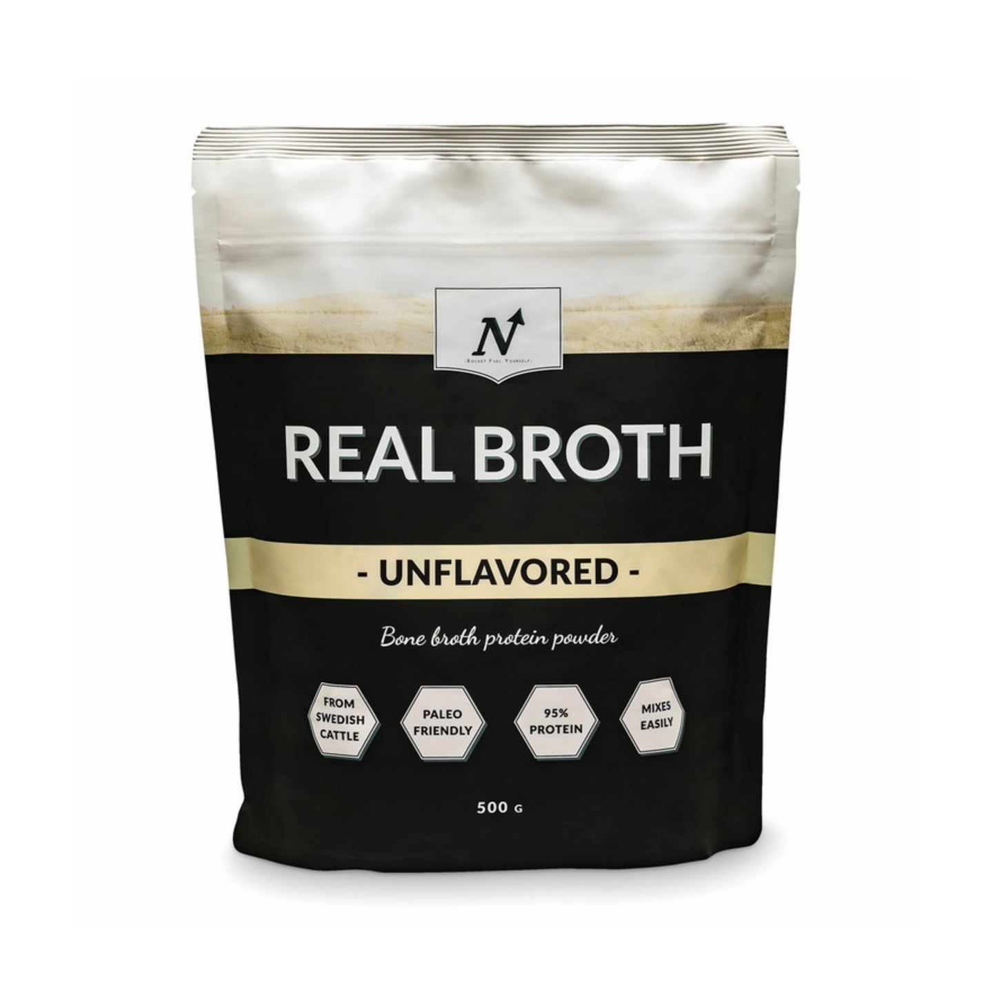 Nyttoteket Real Broth 500 g benbuljongspulver i en svart och vit påse för smaken Unflavoured., bild 1 av 2