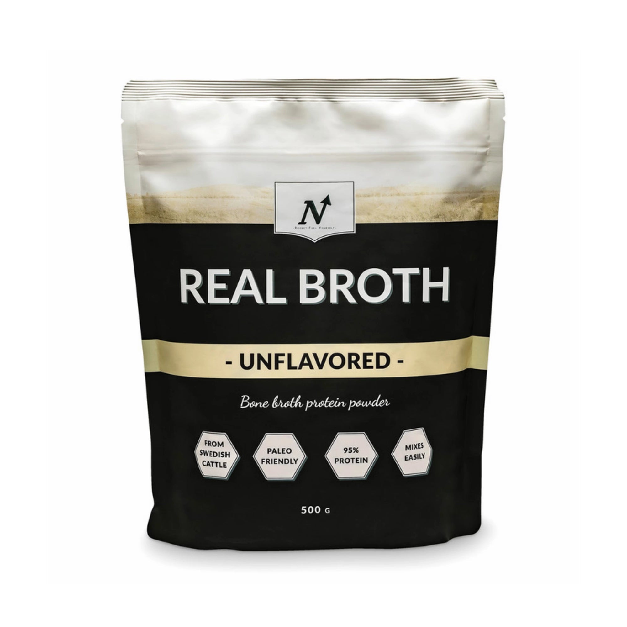 Nyttoteket Real Broth 500 g benbuljongspulver i en svart och vit påse för smaken Unflavoured., bild 1 av 2