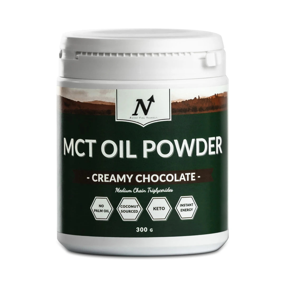 Nyttoteket MCT Oil Powder 300 g, vit burk med mörkgrön etikett och text för smaken Creamy Chocolate.