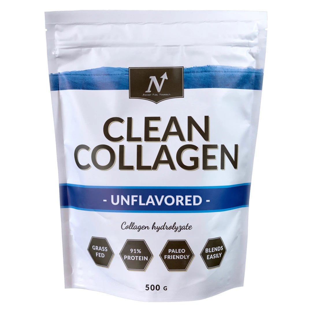 Nyttoteket Clean Collagen 500 g kollagenpulver förpackad i en vit påse med blå detaljer, naturell smak.