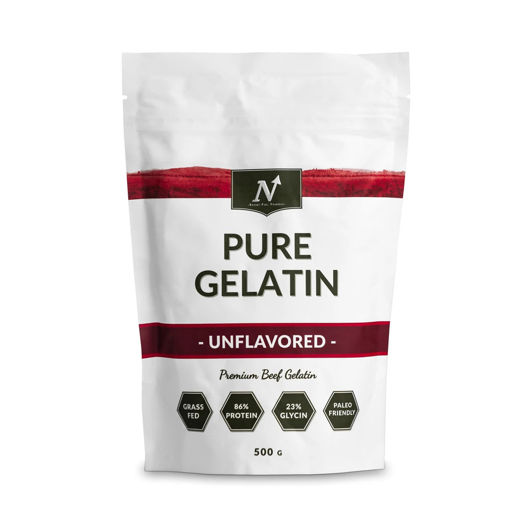 Nyttoteket Pure Gelatin 500 g gelatinpulver i en vit påse med röda detaljer och naturell smak.