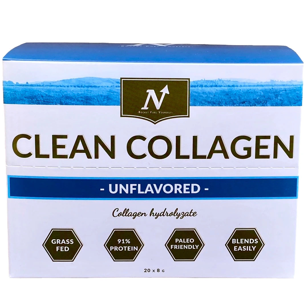 Nyttoteket Clean Collagen - Stickpack 20 x 8 g, naturellt kollagenpulver i en vit ask med blå detaljer.