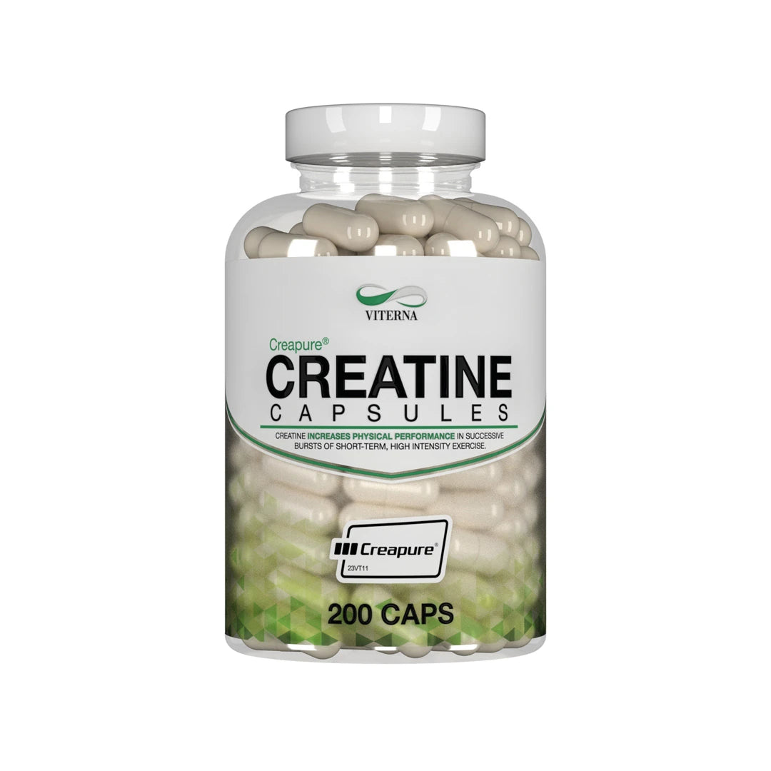 Viterna Creapure® Kreatin 200 caps förpackad i en genomskinlig burk med vit etikett och gröna detaljer.