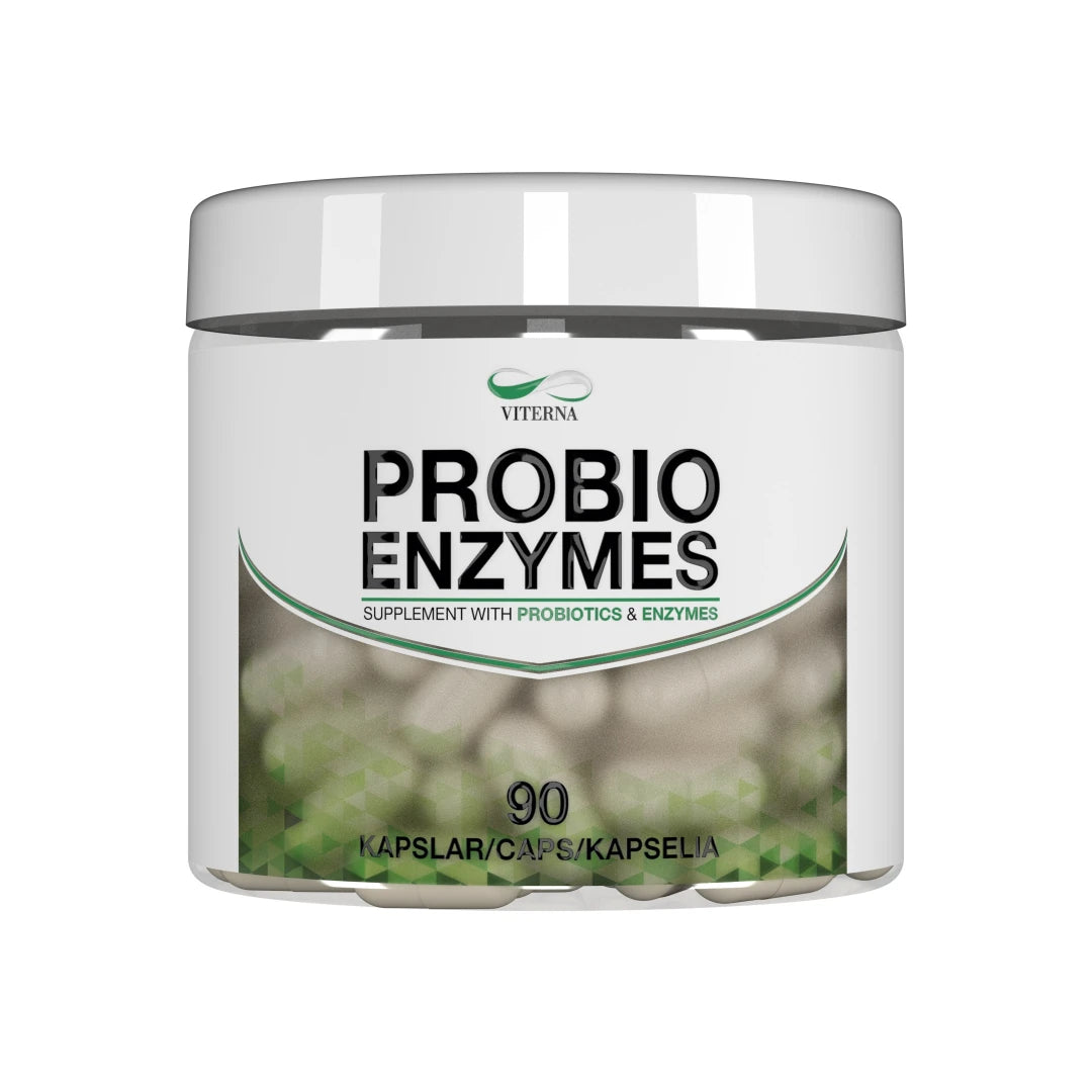 Viterna Probio Enzymes 90 caps förpackad i en vit burk med stilrena gröna detaljer och synliga kapslar på etiketten.