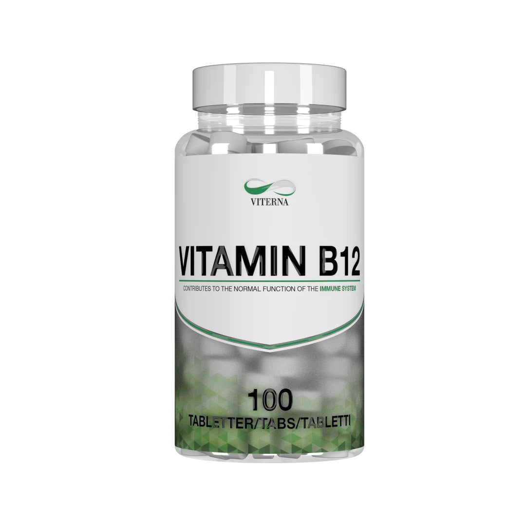 Viterna Vitamin B12 100 tabs i en transparent burk med vit etikett och gröna detaljer.