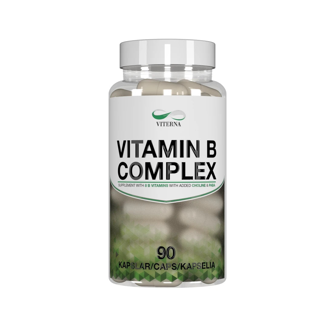 Viterna Vitamin-B Complex 90 caps i en transparent plastburk med vita och gröna detaljer på etiketten.