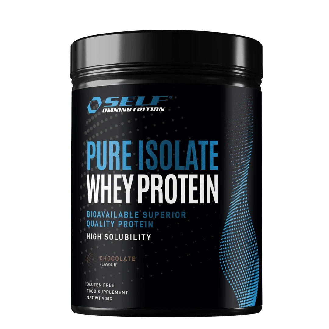 Self Omninutrition Pure Isolate Whey Protein 900 g i en svart burk med blå och vita textdetaljer.