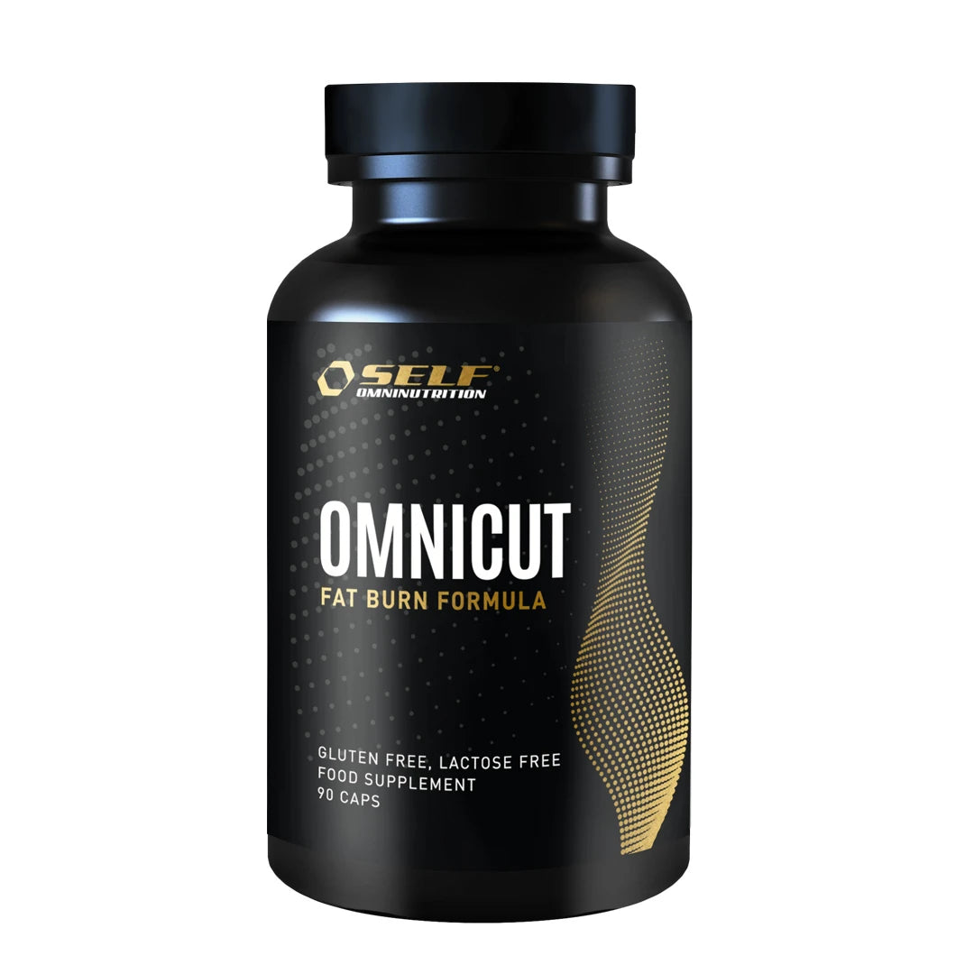 Self Omninutrition Omnicut 90 caps fettförbrännare i en svart burk med guldiga detaljer och vit text.
