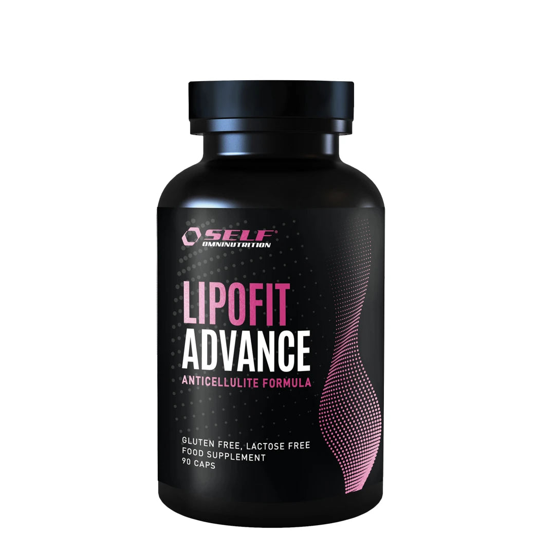 Self Omninutrition Lipo Fit Advance 90 caps fettförbrännare i en svart burk med rosa och vita detaljer på etiketten.