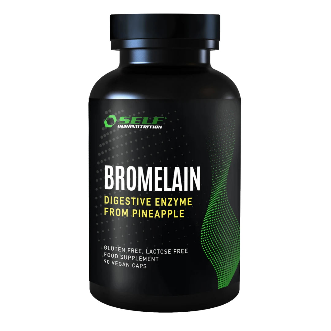 Self Omninutrition Bromelain 90 caps kosttillskott i en svart burk med grön och vit text.