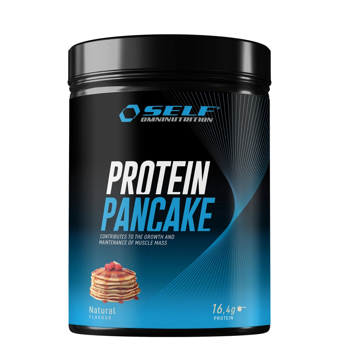 Self Omninutrition Protein Pancake 320 g proteinpannkakspulver i en svart burk med blå detaljer och smaken Naturell.