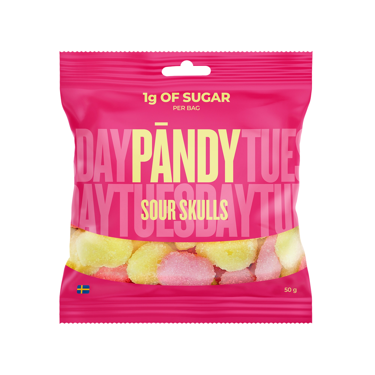 Pändy Candy 50 g Sour Skulls i en rosa påse fylld med gula och rosa sura skumgodisar.