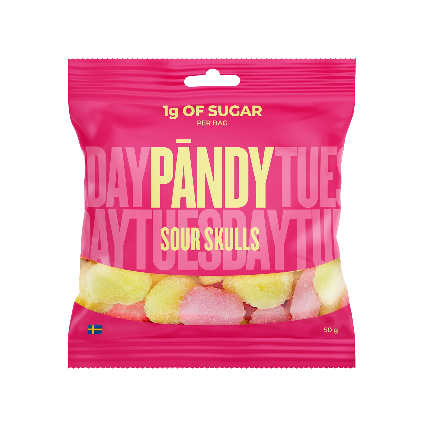 Pändy Candy 50 g Sour Skulls i en rosa påse fylld med gula och rosa sura skumgodisar., bild 1 av 1