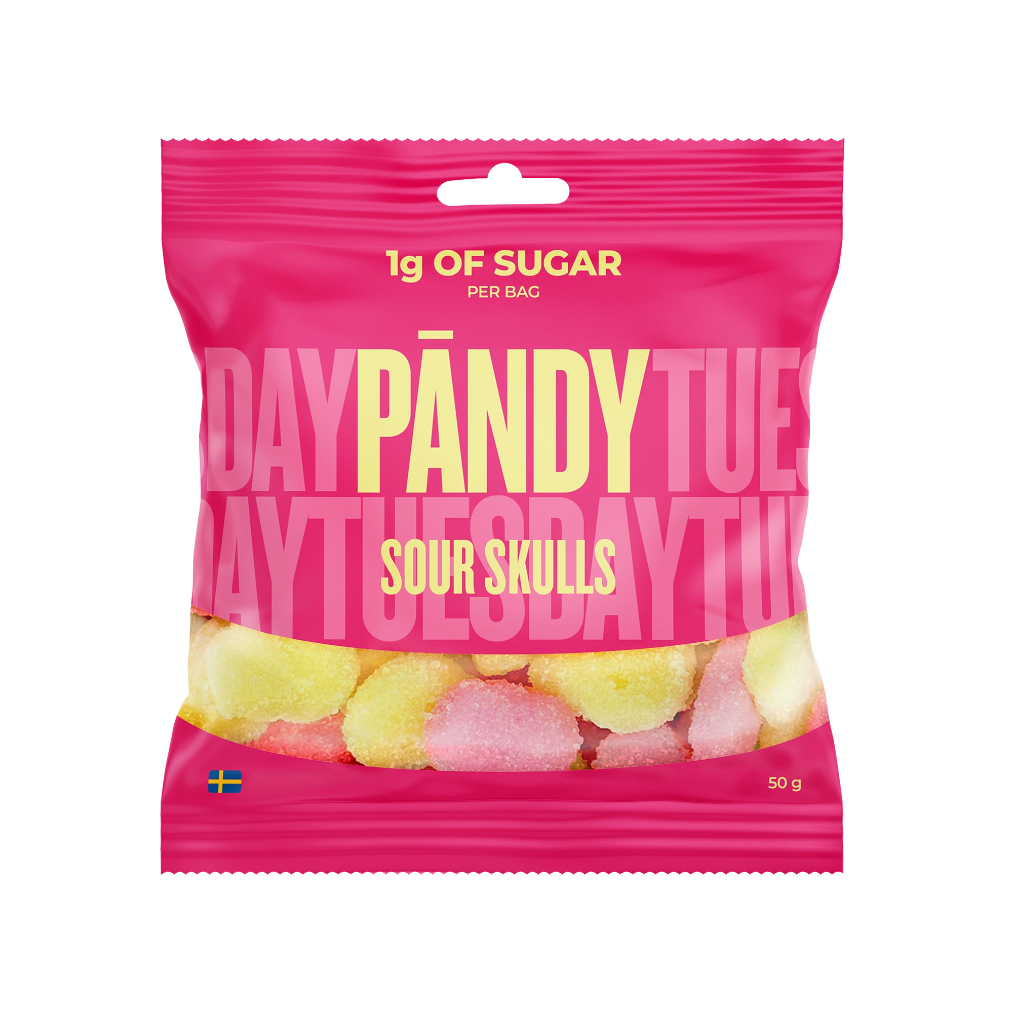 Pändy Candy 50 g Sour Skulls i en rosa påse fylld med gula och rosa sura skumgodisar., bild 1 av 1