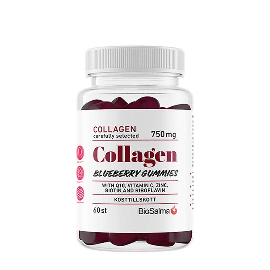 BioSalma Collagen Gummies 60 pcs i en genomskinlig burk med vit etikett, fylld med mörklila gummies med blåbärssmak.