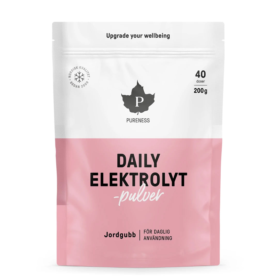 Pureness Daily Elektrolytpulver 200 g i en vit och rosa påse, med smak av jordgubb för daglig användning.