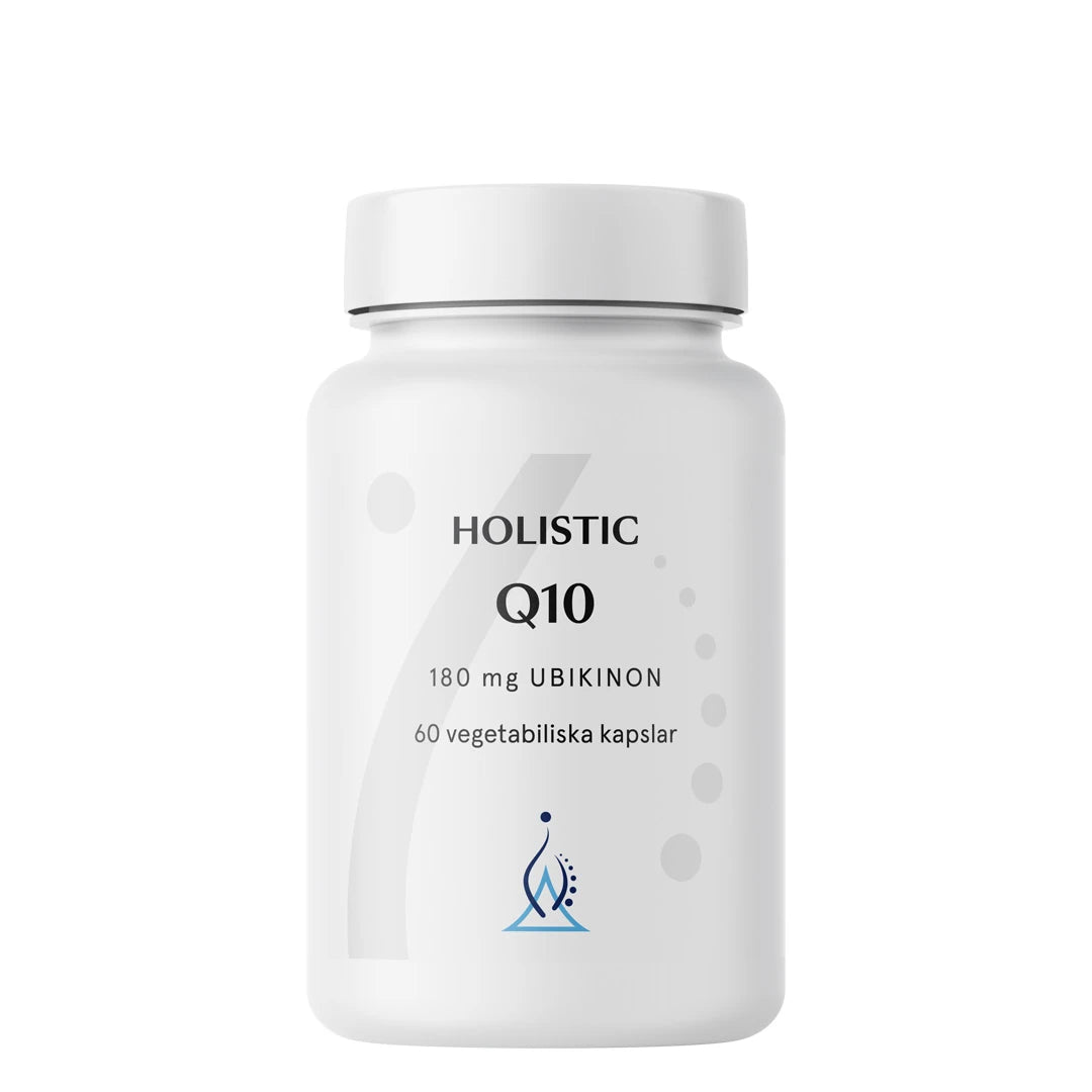 Holistic Q10 180 mg 60 caps kosttillskott i en vit plastburk med svarta och blå detaljer.