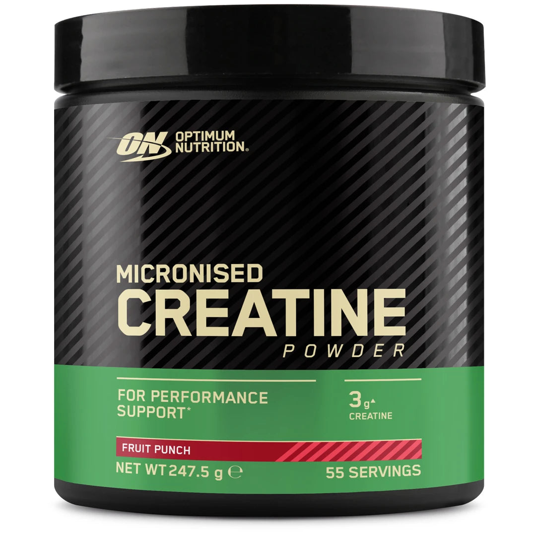 Optimum Nutrition Creatine Powder 247.5 g kreatin i en svart burk med grön etikett för smaken Fruit Punch.