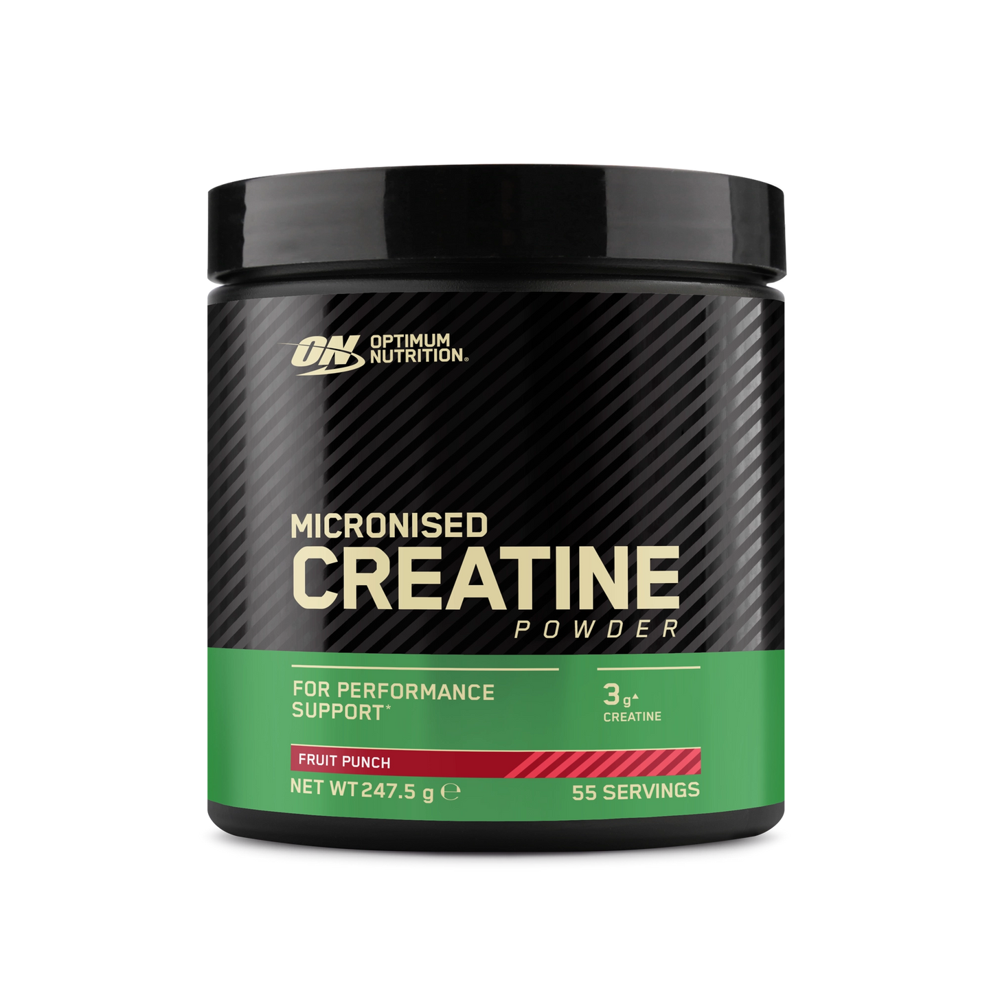 Optimum Nutrition Creatine Powder 247.5 g kreatin i en svart burk med grön etikett för smaken Fruit Punch., bild 1 av 2