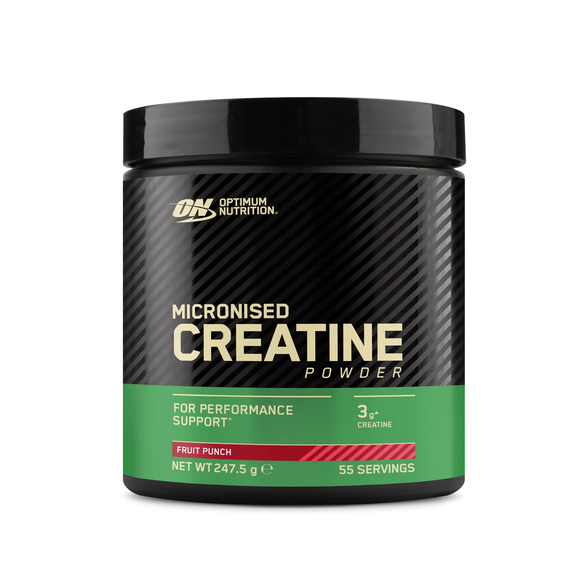 Optimum Nutrition Creatine Powder 247.5 g kreatin i en svart burk med grön etikett för smaken Fruit Punch., bild 1 av 2