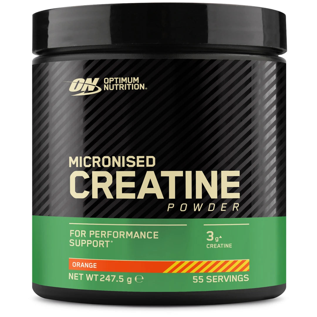 Optimum Nutrition Creatine Powder 247.5 g kreatin i en svart burk med gröna detaljer för smaken Orange.