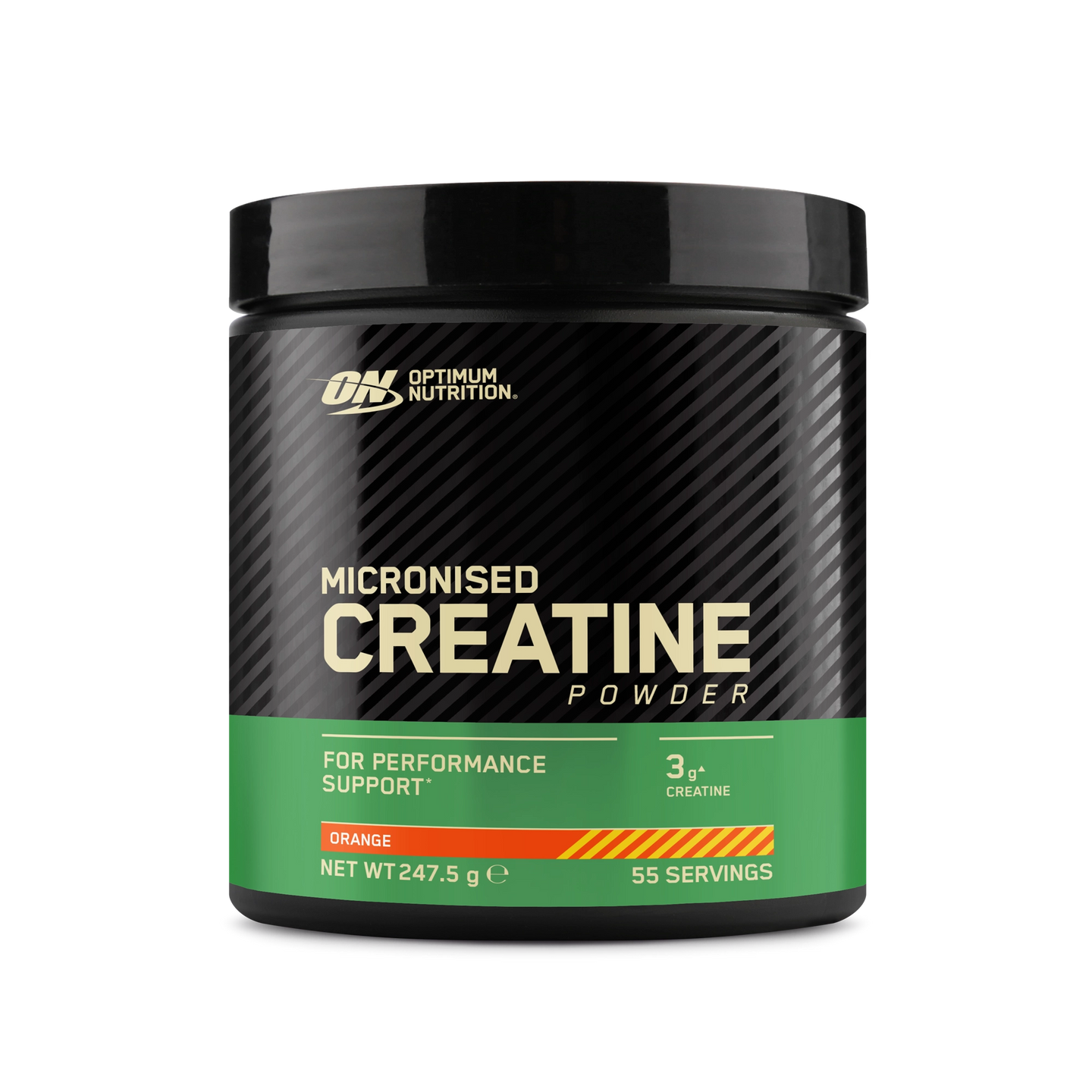 Optimum Nutrition Creatine Powder 247.5 g kreatin i en svart burk med gröna detaljer för smaken Orange., bild 2 av 2
