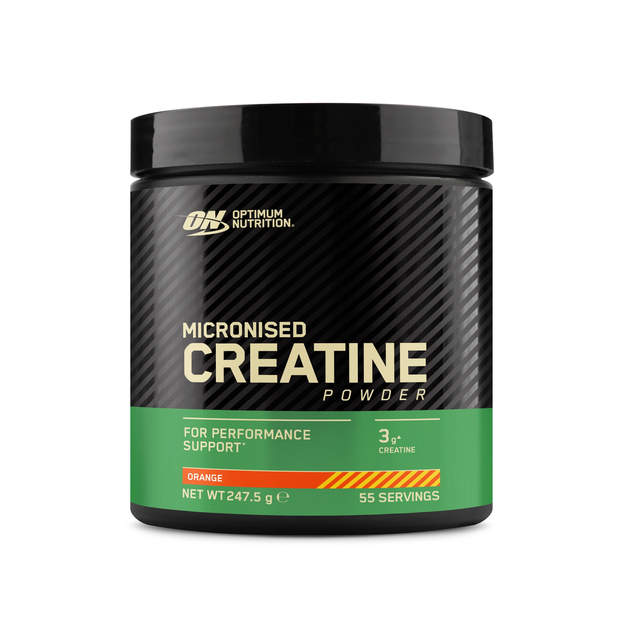 Optimum Nutrition Creatine Powder 247.5 g kreatin i en svart burk med gröna detaljer för smaken Orange., bild 2 av 2