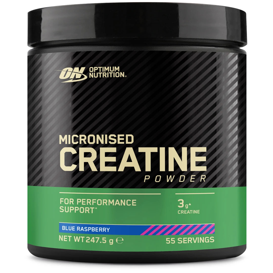 Optimum Nutrition Creatine Powder 247.5 g i en svart burk med grön etikett och smaken Blue Raspberry.