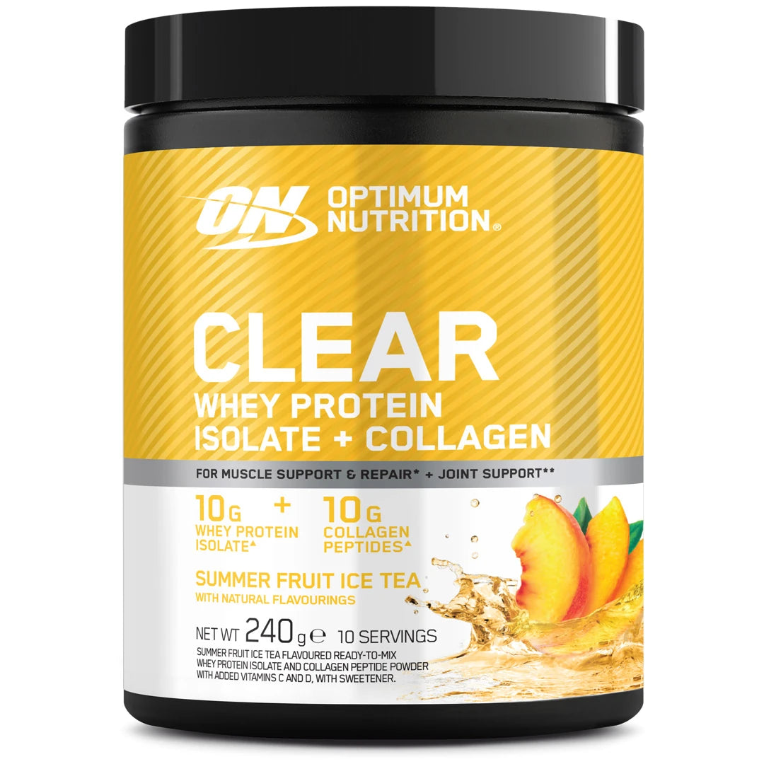 Optimum Nutrition Clear Whey + Collagen 240 g proteinpulver i en svart och gul burk för smaken Summer Fruit Ice Tea.