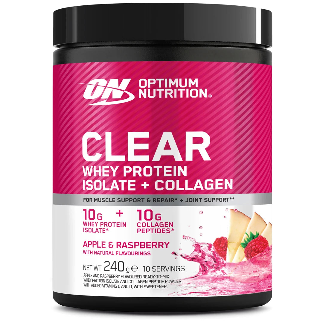 Optimum Nutrition Clear Whey + Collagen 240 g proteinpulver i en svart burk med rosa etikett och smaken Apple & Raspberry.