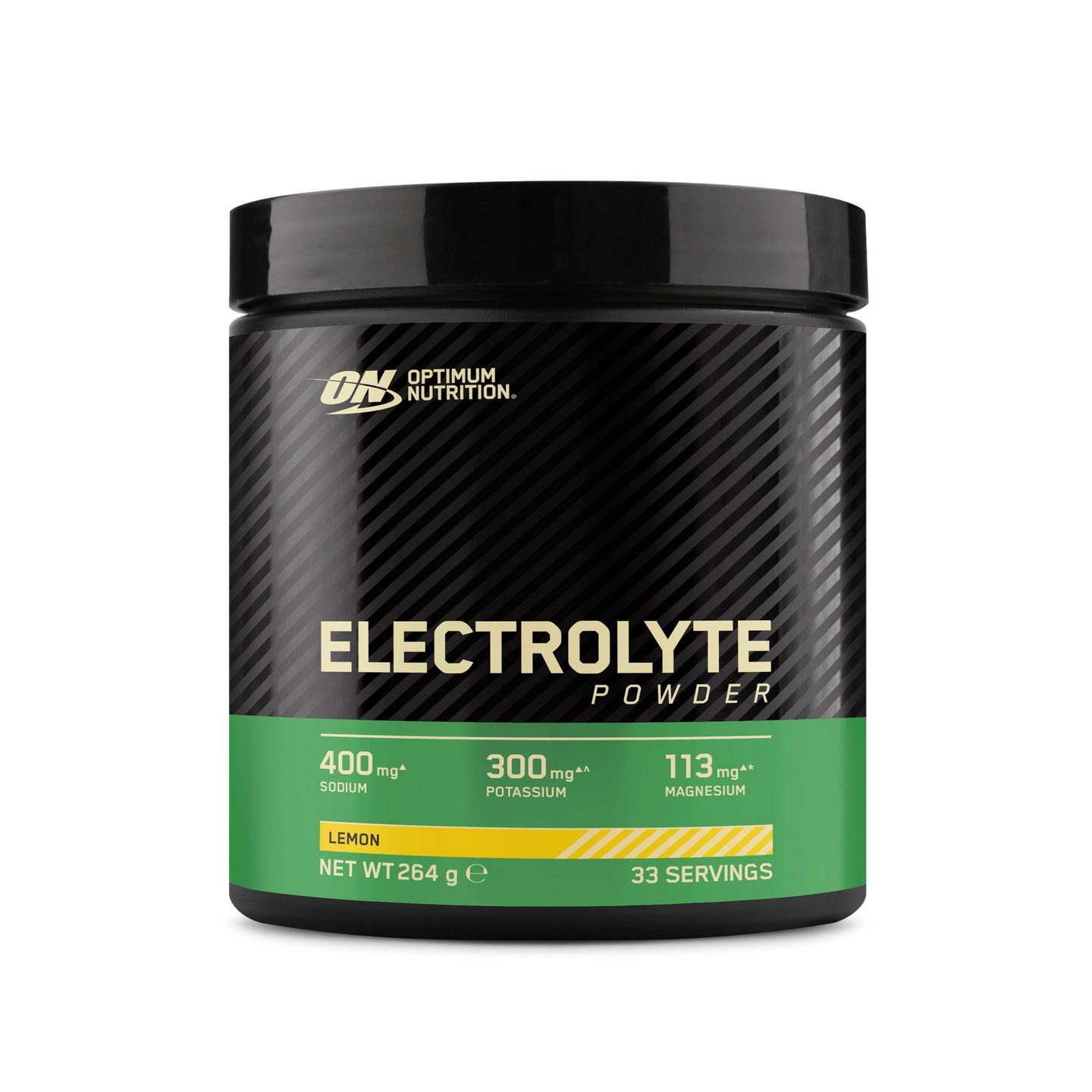 Optimum Nutrition Electrolyte Powder 264 g i en svart burk med grön etikett för smaken Lemon., bild 1 av 2
