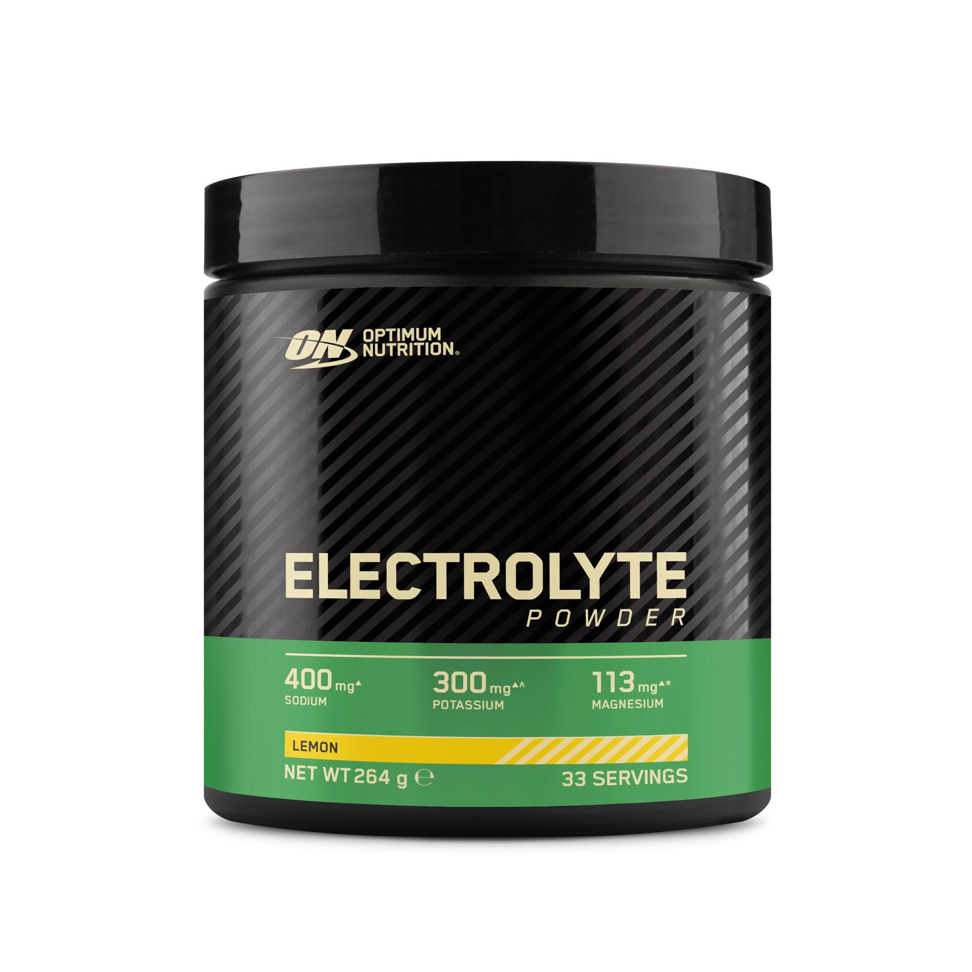 Optimum Nutrition Electrolyte Powder 264 g i en svart burk med grön etikett för smaken Lemon., bild 1 av 2