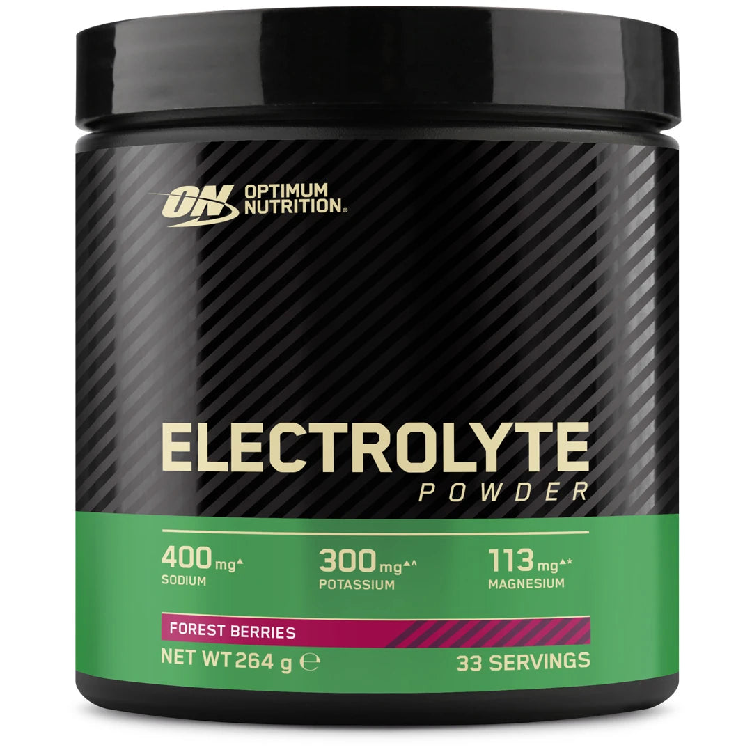 Optimum Nutrition Electrolyte Powder 264 g i en svart burk med gröna detaljer för smaken Forest Berries.