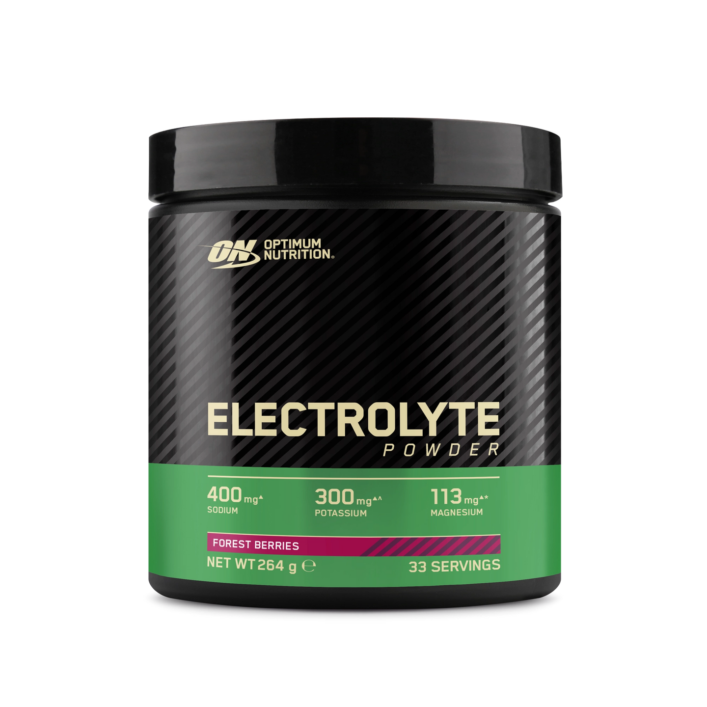 Optimum Nutrition Electrolyte Powder 264 g i en svart burk med gröna detaljer för smaken Forest Berries., bild 2 av 2