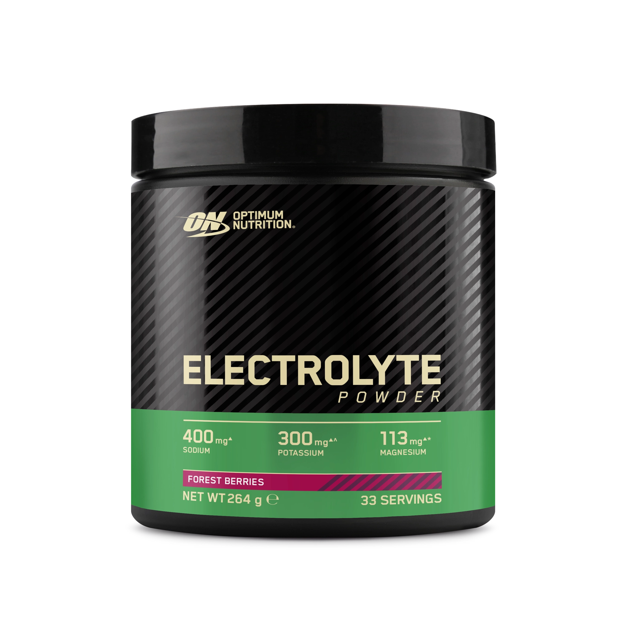 Optimum Nutrition Electrolyte Powder 264 g i en svart burk med gröna detaljer för smaken Forest Berries., bild 2 av 2