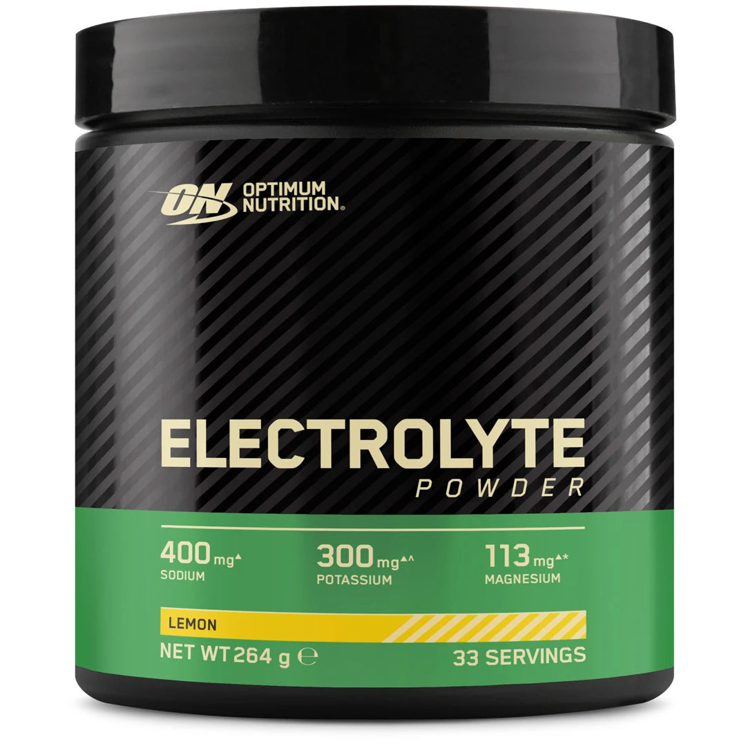 Optimum Nutrition Electrolyte Powder 264 g i en svart burk med gröna detaljer och smaken Lemon.