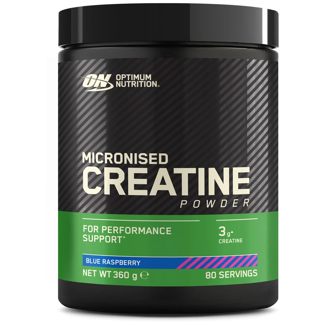 Optimum Nutrition Creatine Powder 360 g, en svart burk med gröna detaljer i smaken Blue Raspberry.