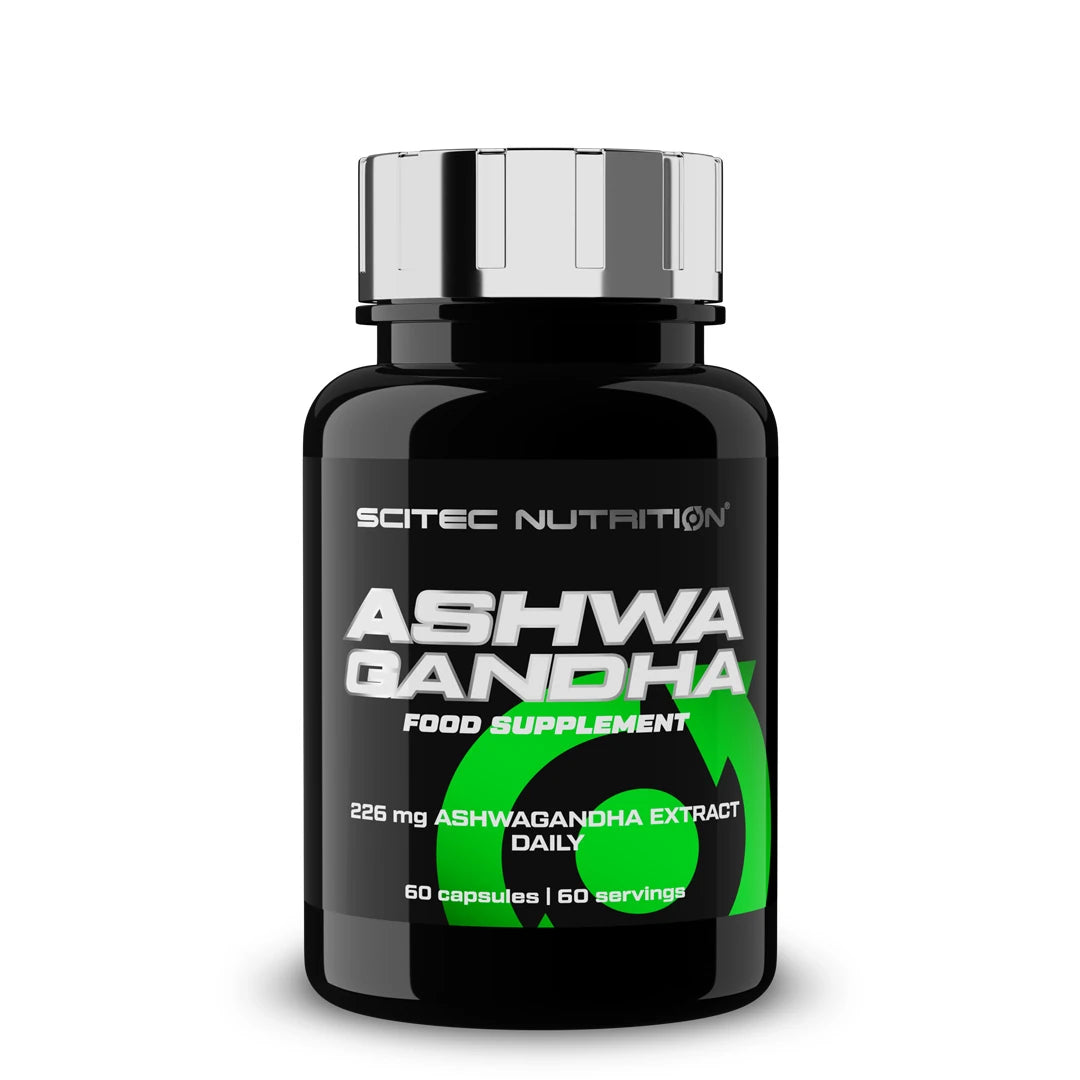 Scitec Nutrition Ashwagandha 60 caps i en svart burk med gröna detaljer och ett silverfärgat lock.