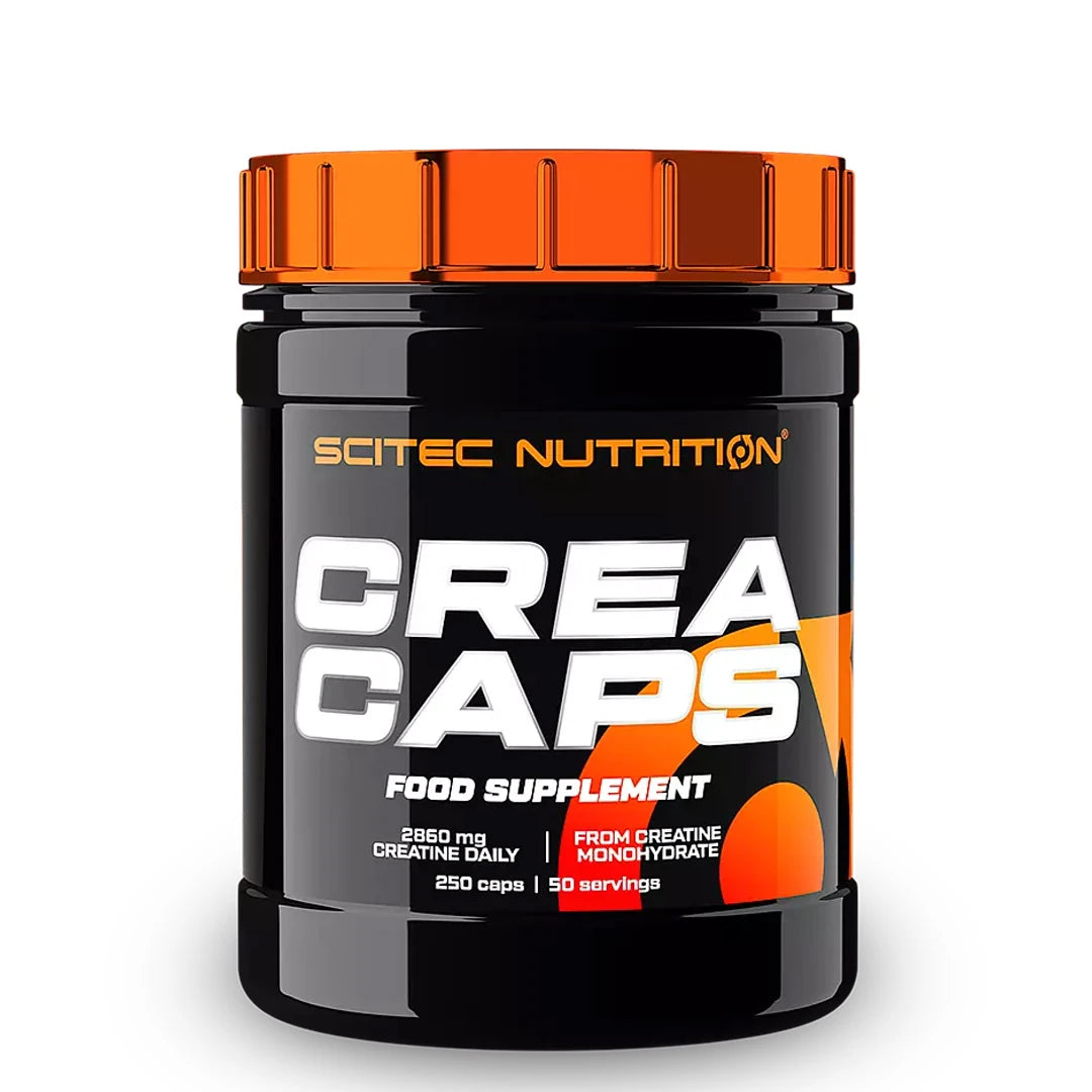 Scitec Nutrition Crea Caps Kreatin 250 caps, förpackat i en svart plastburk med metalliskt orange lock.
