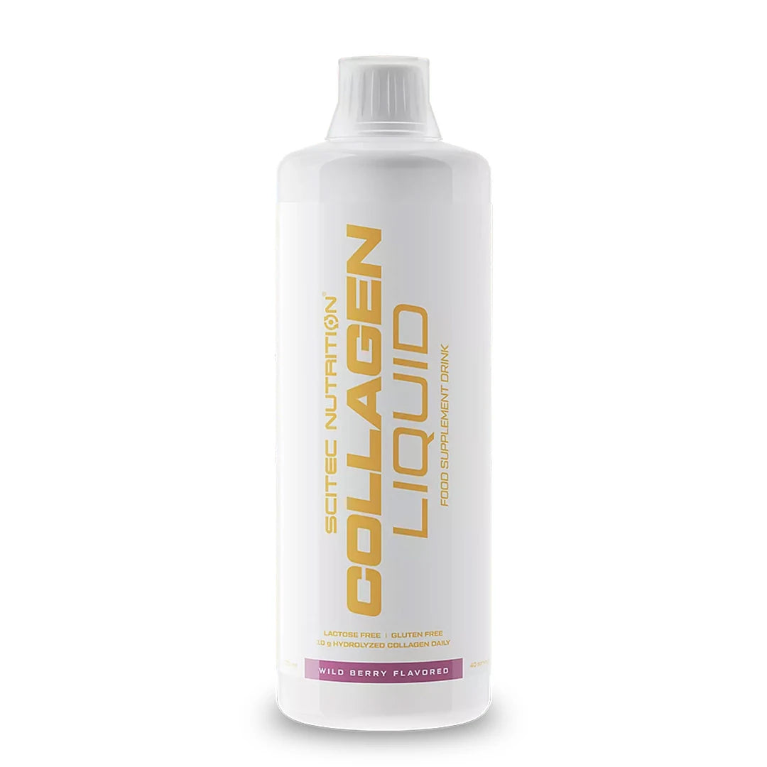 Scitec Nutrition Collagen Liquid 1000 ml, flytande kollagen i en vit plastflaska med guldtext och smaken Wild Berry.