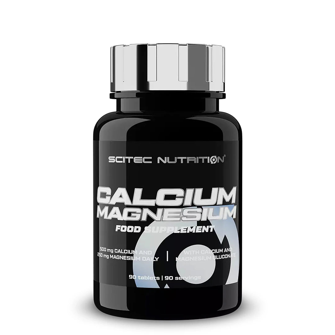 Scitec Nutrition Calcium-Magnesium 90 tabs kosttillskott i en svart burk med silverlock.