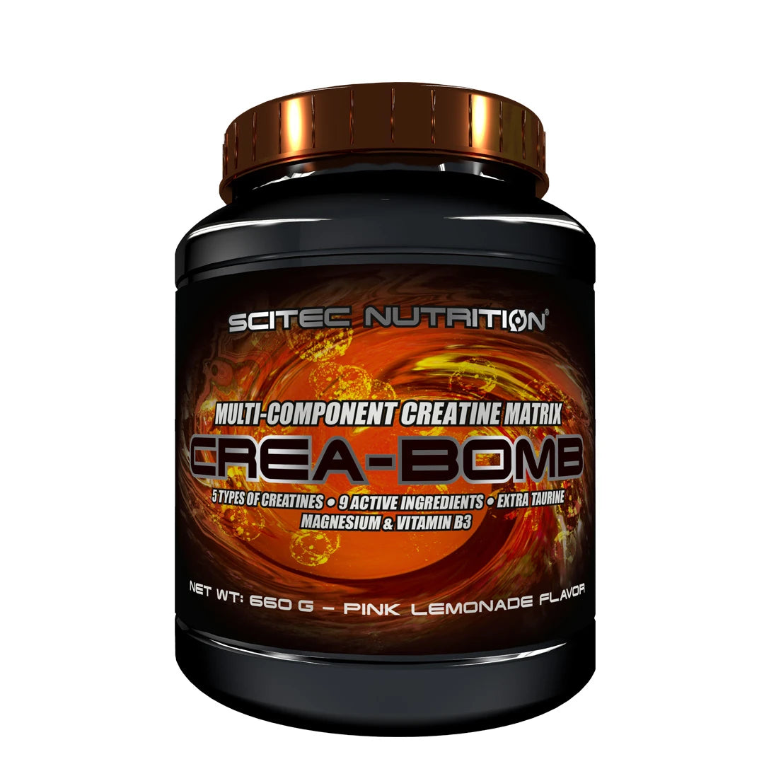 Scitec Nutrition Crea-Bomb 660 g kreatinblandning i en svart burk med bronsfärgat lock och smak av Pink Lemonade.