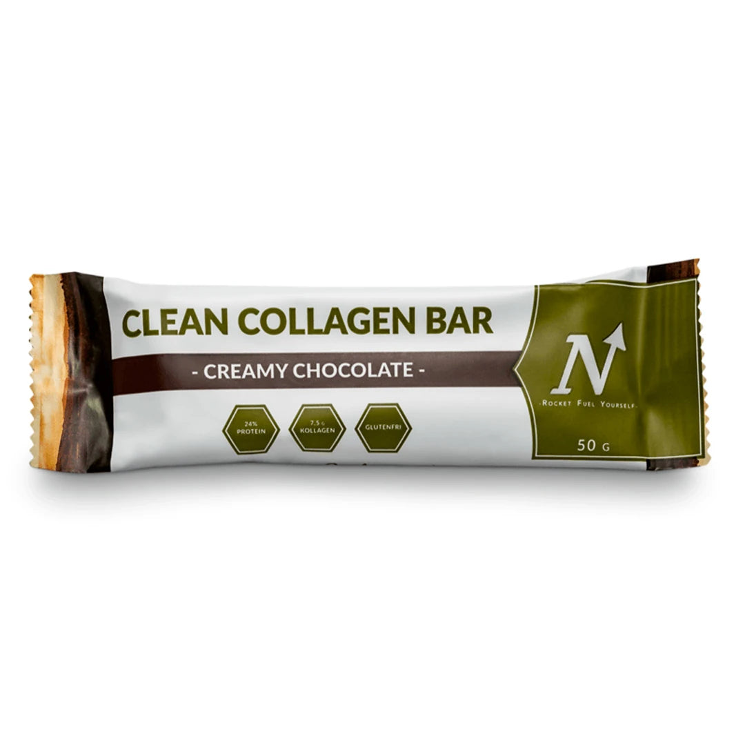 Nyttoteket Clean Collagen Bar 50 g i en vit förpackning med olivgröna detaljer för smaken Creamy Chocolate.