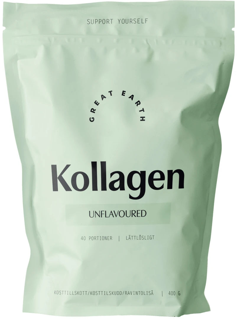 Great Earth Kollagen 400 g kollagenpulver med naturell smak, förpackad i en ljusgrön påse.