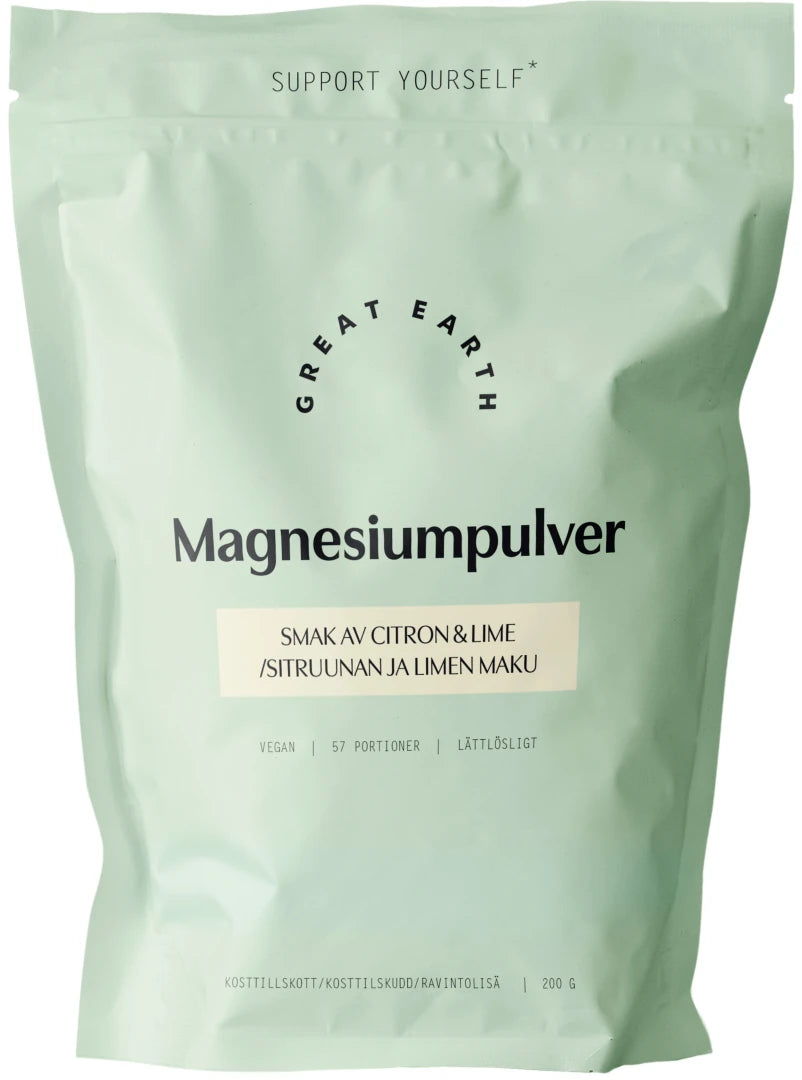 Great Earth Magnesiumpulver 200 g i en ljusgrön påse med smak av citron och lime.