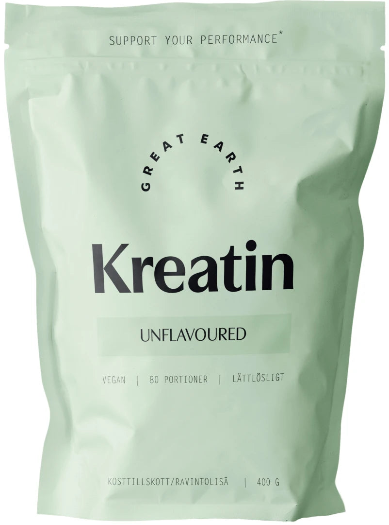 Great Earth Kreatin 400 g pulver i en ljusgrön påse med naturell smak.