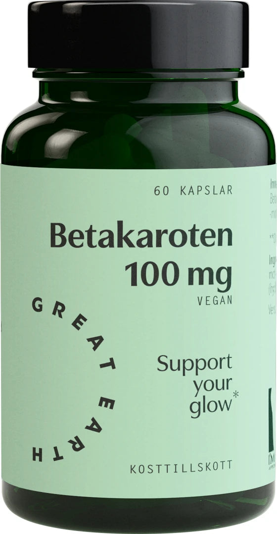 Great Earth Betakaroten 60 caps, ett veganskt kosttillskott i en mörkgrön burk med ljusgrön etikett och svart lock.