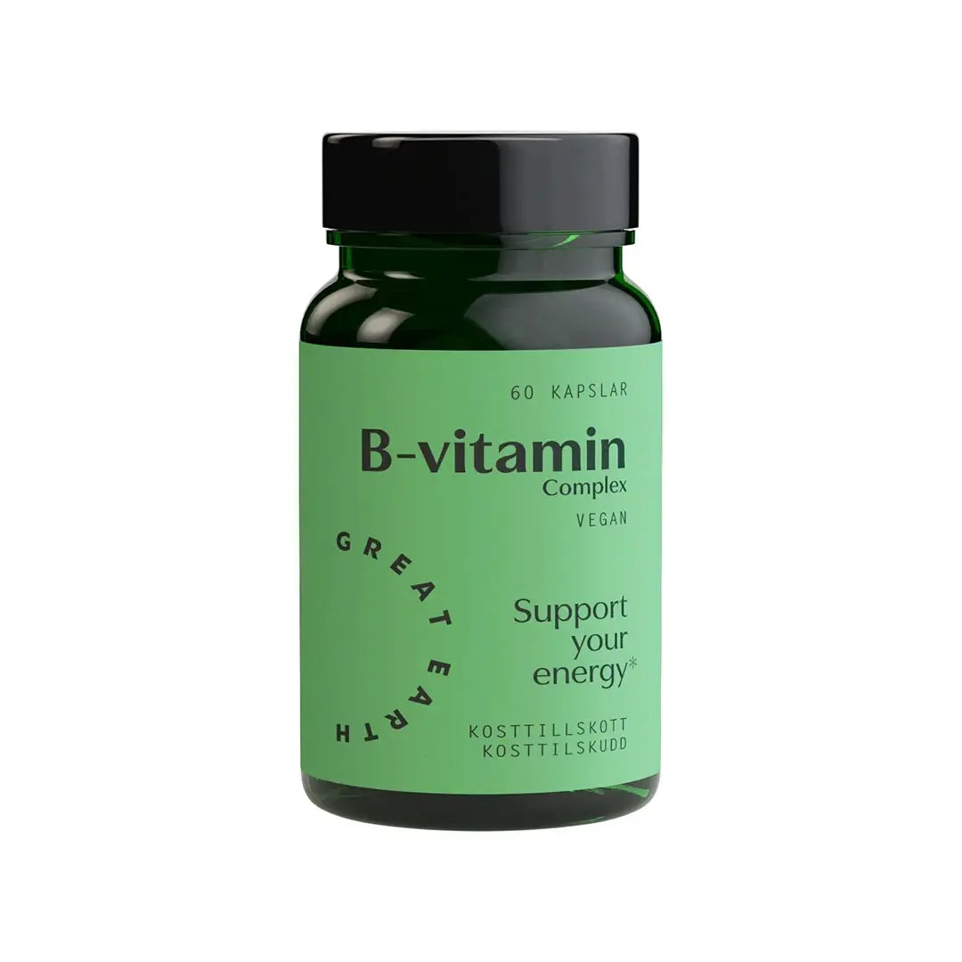 Great Earth B-vitamin Complex 60 caps, veganska vitaminer i en mörkgrön burk med ljusgrön etikett.