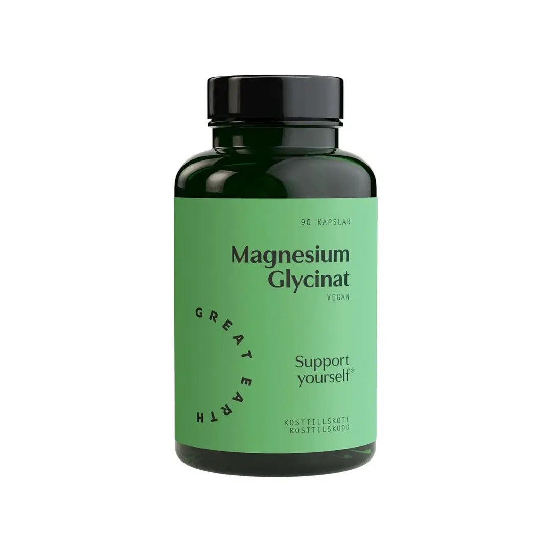 Great Earth Magnesiumglycinat 90 caps i en mörkgrön burk med ljusgrön etikett och svart text.