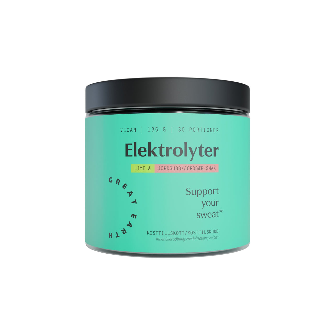 Great Earth Elektrolyter 135 g i en turkos burk med svart lock för smaken Lime & Jordgubb.